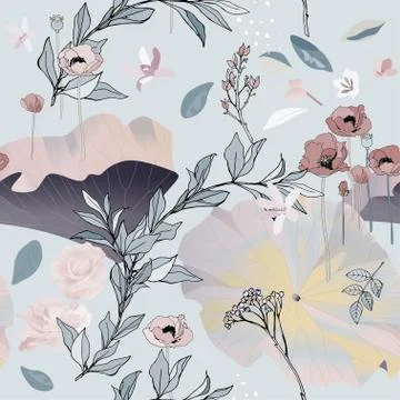 Seamless pattern with flowes of roses, poppies and leaves. Tropical flowers v Stock Illustration
