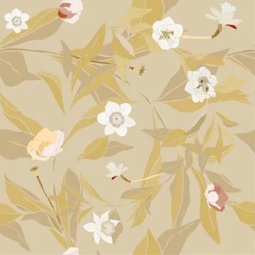 Seamless pattern with flowes of roses, poppies and leaves. Tropical flowers v Stock Illustration