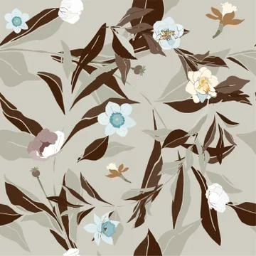 Seamless pattern with flowes of roses, poppies and leaves. Tropical flowers v Stock Illustration