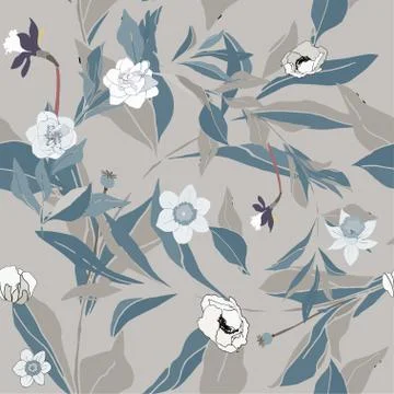 Seamless pattern with flowes of roses, poppies and leaves. Tropical flowers v Stock Illustration