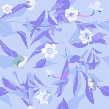 Seamless pattern with flowes of roses, poppies and leaves. Tropical flowers v Stock Illustration