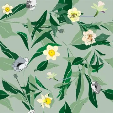 Seamless pattern with flowes of roses, poppies and leaves. Tropical flowers v Stock Illustration