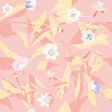 Seamless pattern with flowes of roses, poppies and leaves. Tropical flowers v Stock Illustration