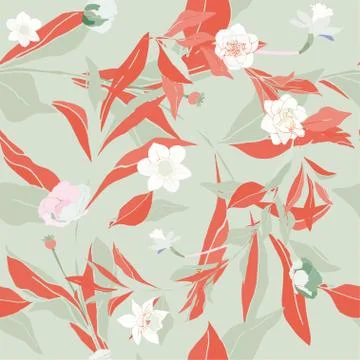 Seamless pattern with flowes of roses, poppies and leaves. Tropical flowers v Stock Illustration