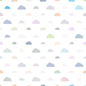 Seamless pattern of fluffy pastel colored clouds on white background Illustrazione stock