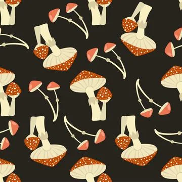 Seamless pattern with Fly-agaric on a dark background. Stock Illustration