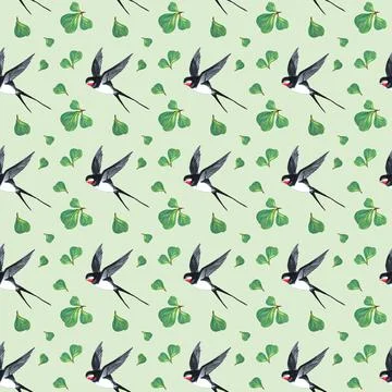 Seamless pattern fly birds swallow and green leaves. Art creative hand drawn Stock Illustration