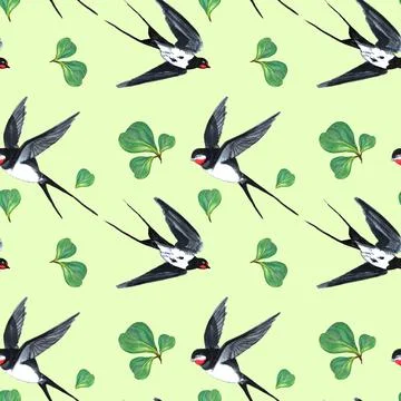 Seamless pattern fly birds swallow and green leaves. Art creative hand drawn Stock Illustration