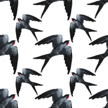 Seamless pattern fly birds swallow on white. Art creative hand drawn marker Stock Illustration