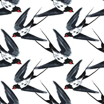 Seamless pattern fly birds swallow on white. Art creative hand drawn marker Stock Illustration