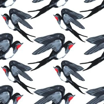 Seamless pattern fly birds swallow on white. Art creative hand drawn marker Stock Illustration