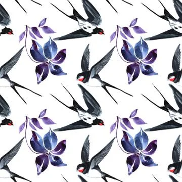 Seamless pattern fly birds swallow and flower on white. Art creative hand-drawn Stock Illustration