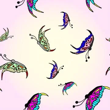 Seamless pattern with flying and beautiful butterflies on a pink background. Stock Illustration