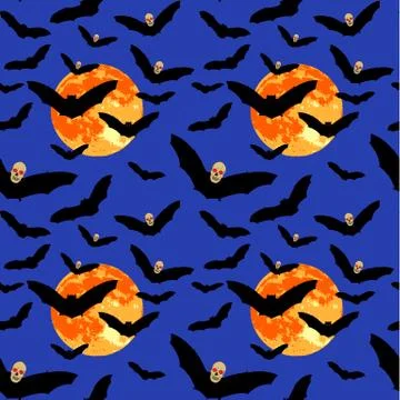 Seamless pattern of flying bat with skull head and full moon on blue Stock Illustration