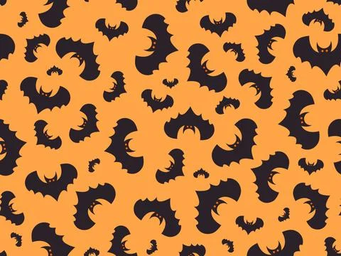 Seamless pattern with flying bats for Halloween decor. Black bat silhouette.. Stock Illustration