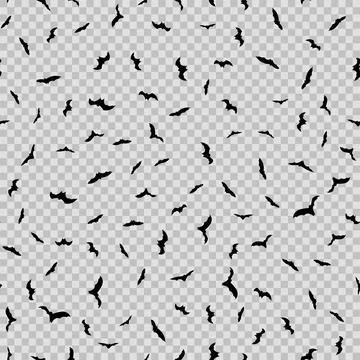 Seamless pattern with flying bats on transparent background. Vector Stock Illustration