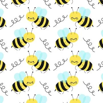 Seamless Pattern with flying bees. Cartoon cute bee characters with positive Stock Illustration