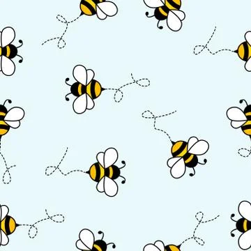 Seamless Pattern with flying bees with dotted lines. Stock Illustration