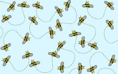 Seamless Pattern of Flying Bees with Dotted Trails on Light Blue Background Illustrazione stock