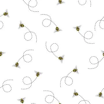 Seamless Pattern with flying bees. Vector Cartoon black and yellow bees isolated Stock Illustration