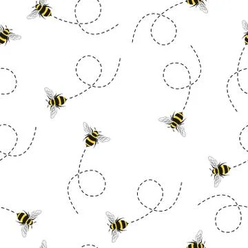 Seamless Pattern with flying bees. Vector Cartoon black and yellow bees isolated Illustrazione stock