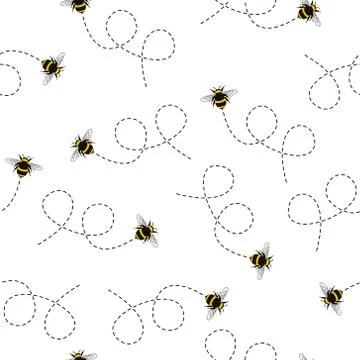 Seamless Pattern with flying bees. Vector Cartoon black and yellow bees isolated Illustrazione stock