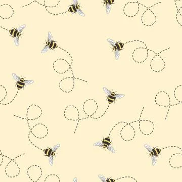 Seamless Pattern with flying bees. Vector Cartoon black and yellow bees isolated Illustrazione stock