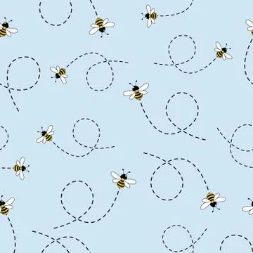 Seamless Pattern with flying bees. Vector Cartoon black and yellow bees isolated Illustrazione stock