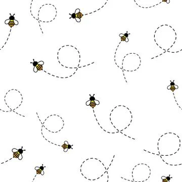 Seamless Pattern with flying bees. Vector Cartoon black and yellow bees isolated Illustrazione stock