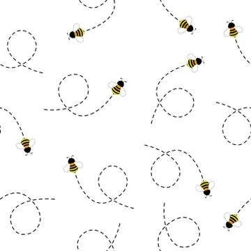 Seamless Pattern with flying bees. Vector Cartoon black and yellow bees isolated Illustrazione stock
