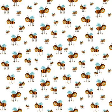 Seamless pattern with flying bees on the white background Stock Illustration