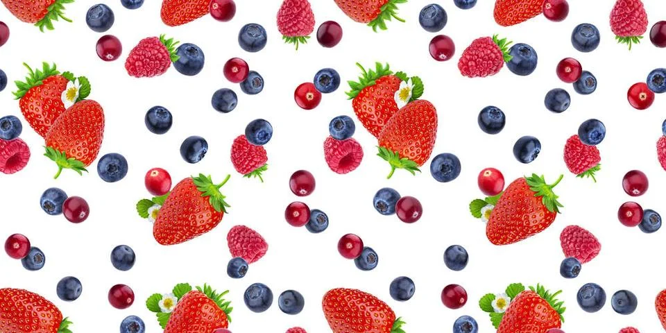 Seamless pattern of flying berries isolated on white background with clipp... Foto stock