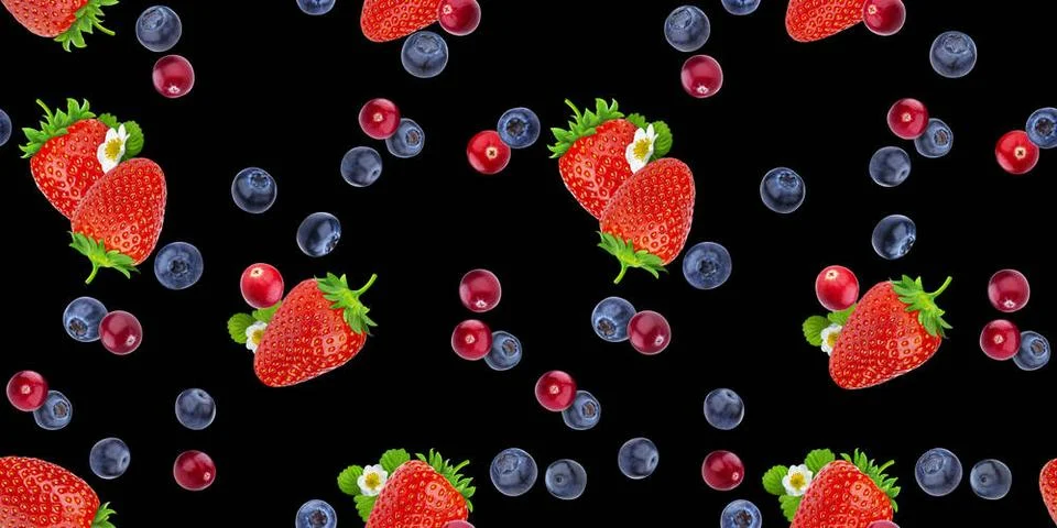 Seamless pattern of flying berries isolated on black background Seamless p... Stock Photos