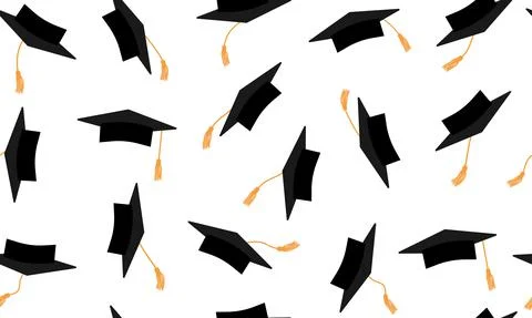 Seamless pattern of flying black square academic caps with gold tassel. Gradu Stock Illustration