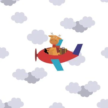 Seamless pattern with flying deer on a plane in clouds Stockillustratie