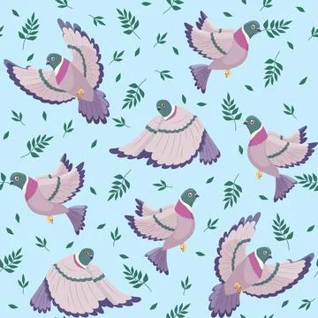 Seamless pattern with flying doves. Urban birds with green leaves. Flying animal Stock Illustration
