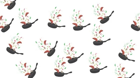 Seamless pattern of flying food ingredients with frying pans on white background Stock Footage 345539052
