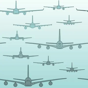 Seamless pattern flying passenger airplanes from different models . Airplane 스톡 일러스트