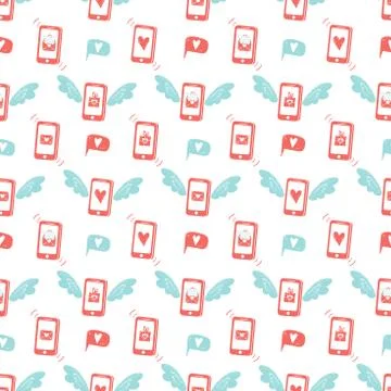Seamless pattern with flying phones. Envelope with a love letter on the screen Stock Illustration