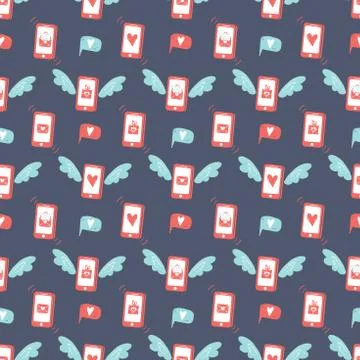 Seamless pattern with flying phones. Envelope with a love letter on the screen Stock Illustration