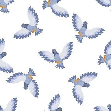 Seamless pattern with flying pigeons spreading wings on white background Stockillustratie