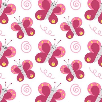 Seamless Pattern with flying pink butterflies. Cartoon cute characters with Stock Illustration