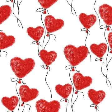 Seamless pattern flying red heart shaped air balloons. Stock Illustration