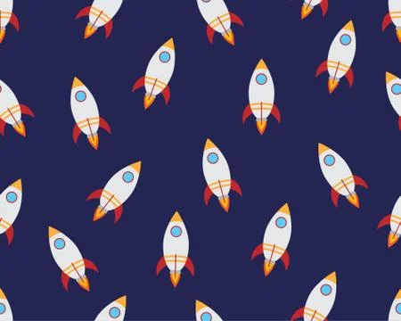 Seamless pattern of flying rocket on dark background Stock Illustration