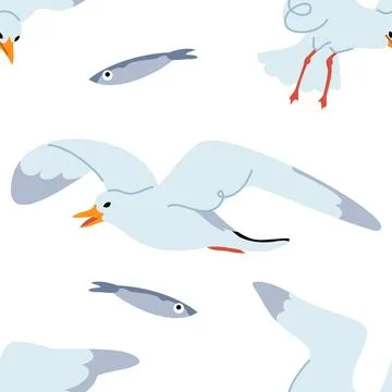 Seamless Pattern with Flying Seagulls and Small Fish on White Background Illustration