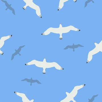 Seamless pattern with flying seagulls on blue sky or water surface background Stock-Illustration