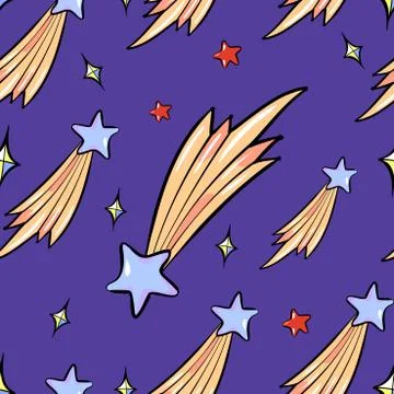 Seamless pattern of flying stars cartoon style vector illustration on dark blye Illustrazione stock