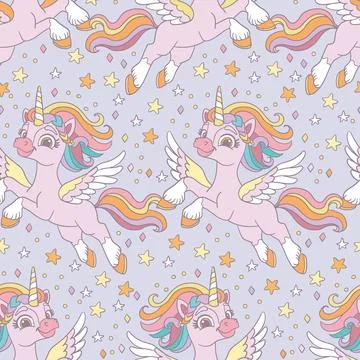 Seamless pattern with flying unicorn in a starry sky vector Illustrazione stock