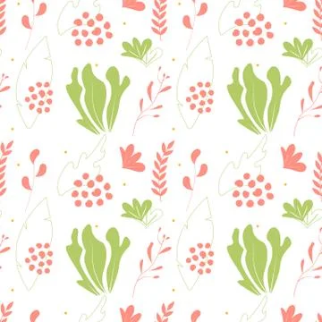 Seamless pattern with foliage, flowers and spots イラスト素材