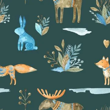 Seamless pattern of folk forest animals on a dark green background. Fox elk Stock Illustration